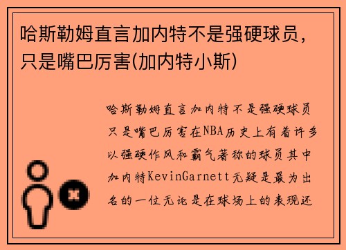 哈斯勒姆直言加内特不是强硬球员，只是嘴巴厉害(加内特小斯)