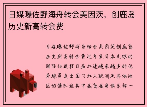 日媒曝佐野海舟转会美因茨，创鹿岛历史新高转会费