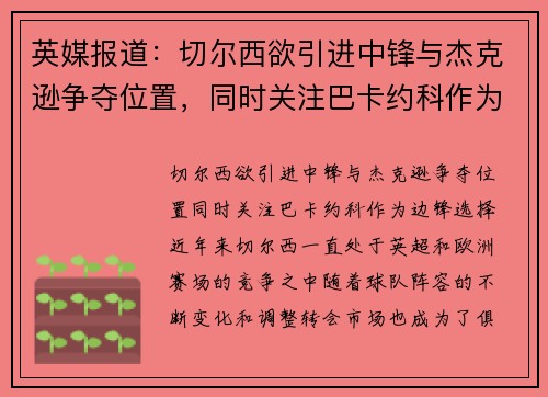 英媒报道：切尔西欲引进中锋与杰克逊争夺位置，同时关注巴卡约科作为边锋选择