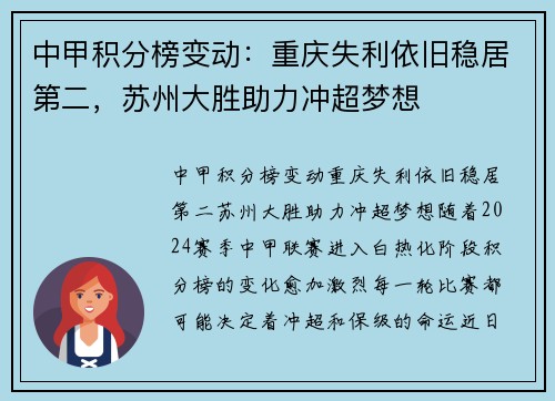 中甲积分榜变动：重庆失利依旧稳居第二，苏州大胜助力冲超梦想