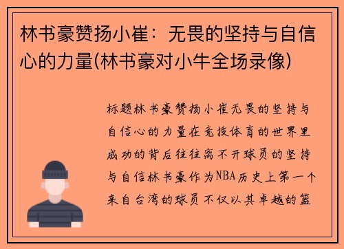 林书豪赞扬小崔：无畏的坚持与自信心的力量(林书豪对小牛全场录像)