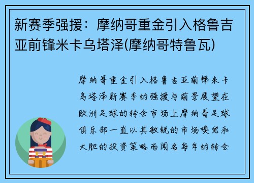新赛季强援：摩纳哥重金引入格鲁吉亚前锋米卡乌塔泽(摩纳哥特鲁瓦)