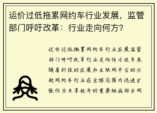 运价过低拖累网约车行业发展，监管部门呼吁改革：行业走向何方？