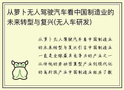 从萝卜无人驾驶汽车看中国制造业的未来转型与复兴(无人车研发)
