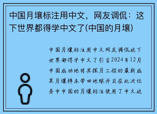 中国月壤标注用中文，网友调侃：这下世界都得学中文了(中国的月壤)