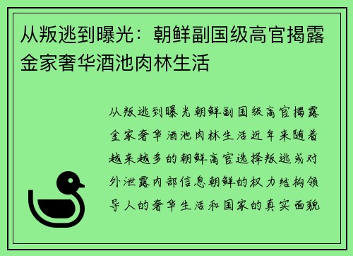 从叛逃到曝光：朝鲜副国级高官揭露金家奢华酒池肉林生活