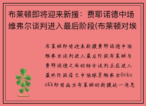 布莱顿即将迎来新援：费耶诺德中场维弗尔谈判进入最后阶段(布莱顿对埃弗顿历史比分)