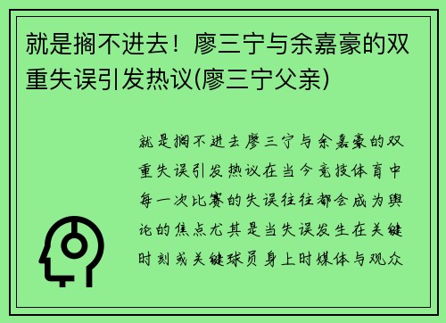 就是搁不进去！廖三宁与余嘉豪的双重失误引发热议(廖三宁父亲)