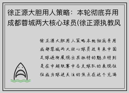 徐正源大胆用人策略：本轮彻底弃用成都蓉城两大核心球员(徐正源执教风格)