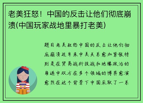 老美狂怒！中国的反击让他们彻底崩溃(中国玩家战地里暴打老美)