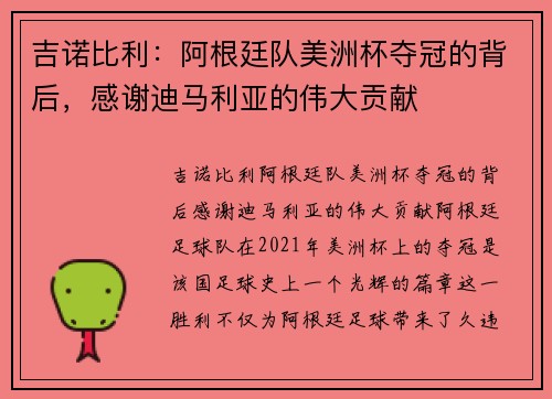 吉诺比利：阿根廷队美洲杯夺冠的背后，感谢迪马利亚的伟大贡献